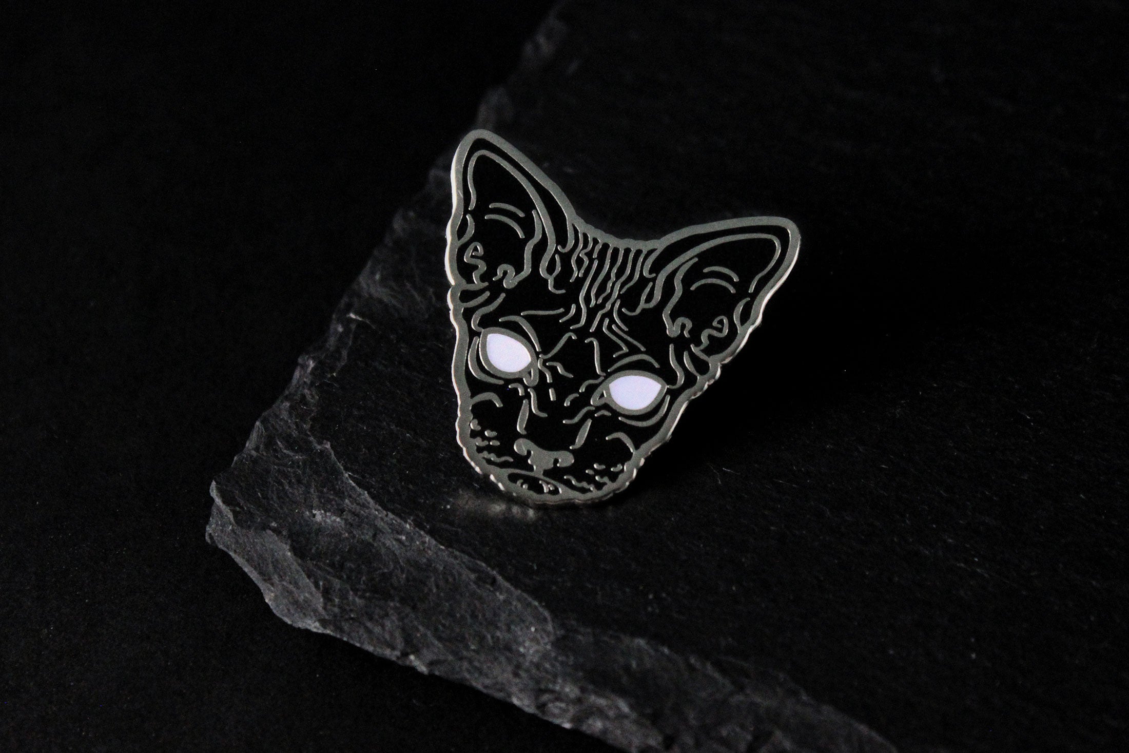 black goth glow hairless sphynx cat enamel pin