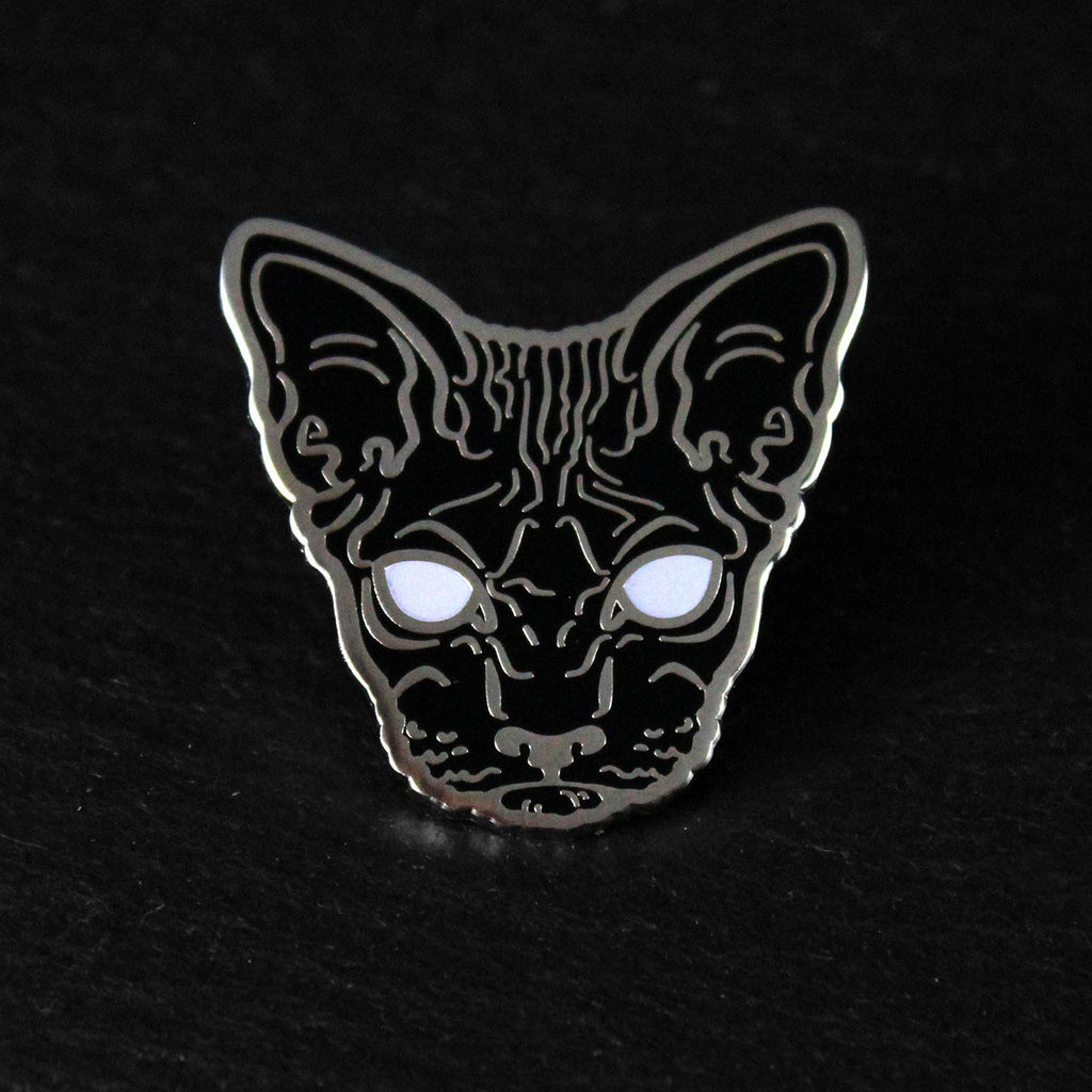 black goth glow hairless sphynx cat enamel pin