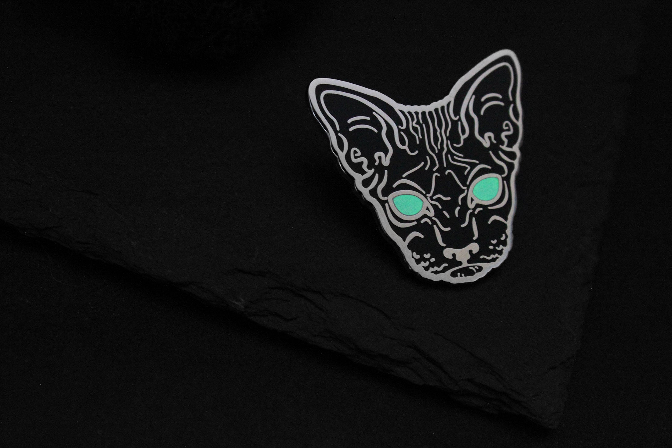 glow in the dark hairless sphynx cat enamel pin